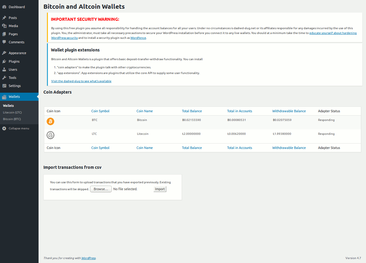 Adapters menu showing the build-in Bitcoin adapter and the Litecoin adapter extension.