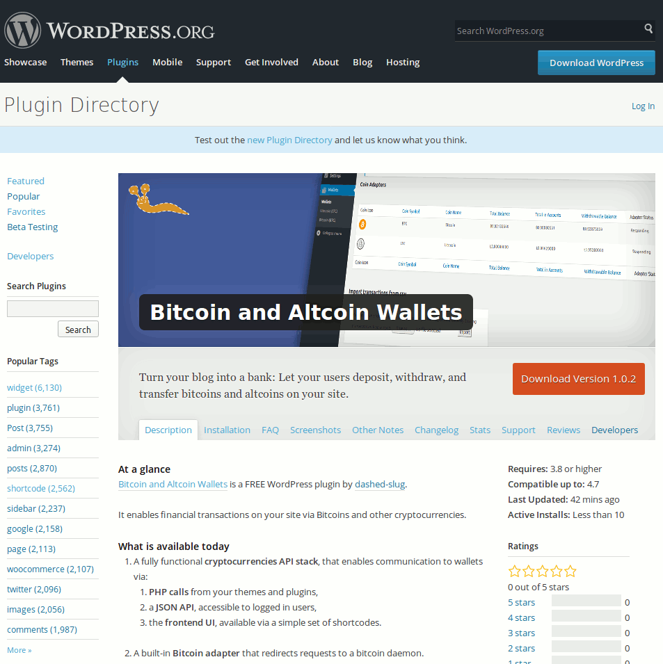 The Bitcoin and Altcoin Wallets WordPress plugin is released on the WordPress.org plugin repository.