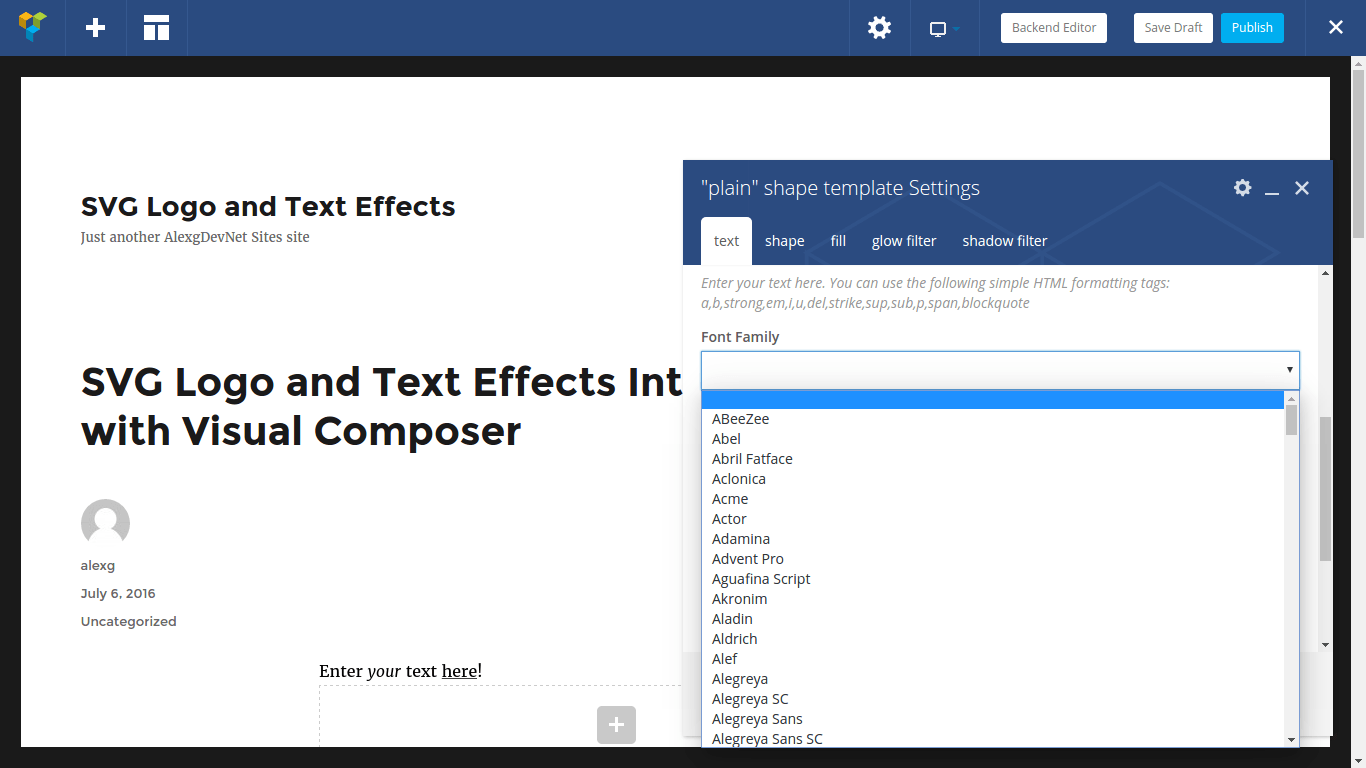 Available font families in the frontend editor