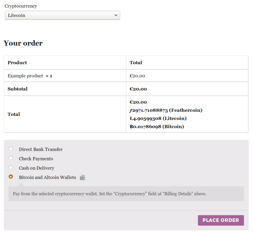 Let logged in users pay at WooCommerce checkout from their cryptocurrency wallet.