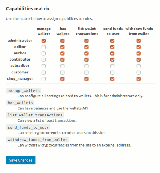User capabilities settings in the Bitcoin and Altcoin Wallets WordPress plugin.