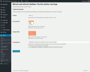 The Tip the Author extension settings page, allowing you to filter posts by post type and category.