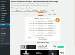 Cold Storage section in the admin panel of the Bitcoin and Altcoin Wallets free WordPress plugin.