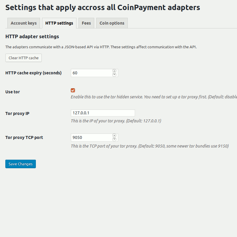 Tor settings in the CoinPayments adapter for the Bitcoin and Altcoin Wallets WordPress plugin