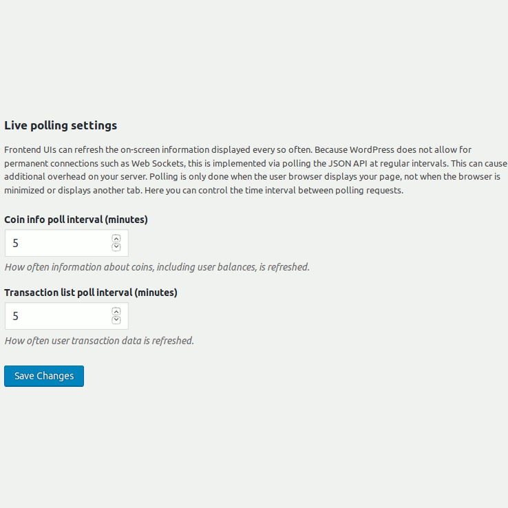 Controlling the interval for live polling in frontend of Bitcoin and Altcoin Wallets