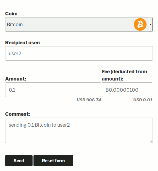 Internal transfer UI in Bitcoin and Altcoin Wallets WordPress plugin