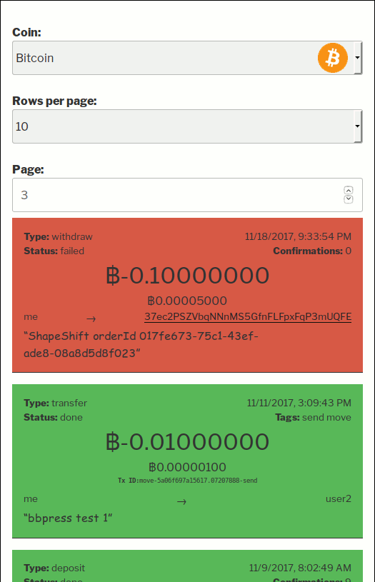 Transactions rows UI in Bitcoin and Altcoin Wallets WordPress plugin