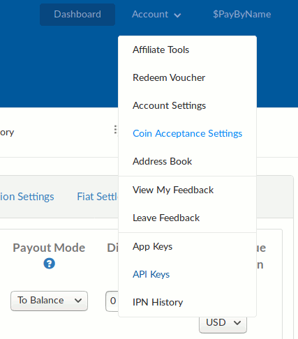 The API Keys menu item in CoinPayments