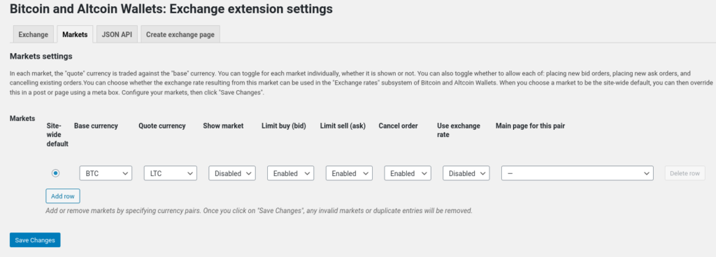 Markets settings admin screen in the dashed-slug wallets exchange extension