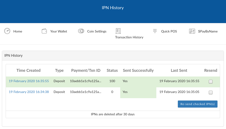 CoinPayments platform showing status of IPN messages