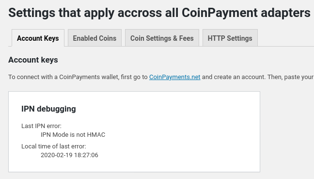 CoinPayments Adapter showing last error coming from remote API