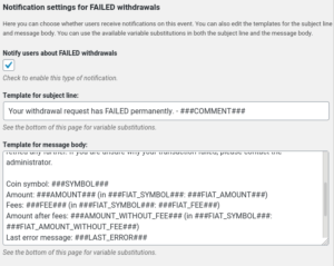 Notification settings for FAILED withdrawals