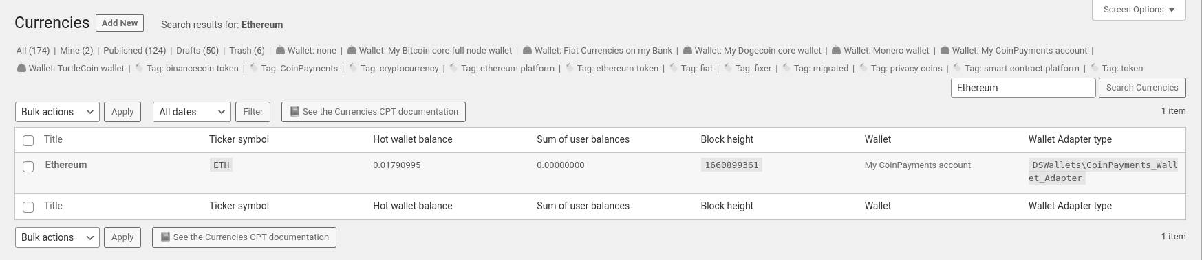 Ethereum on CoinPayments shown online in list of Currencies