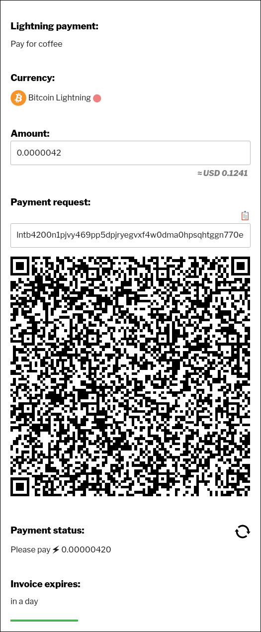[wallets_lnd_deposit currency_id="123"  amount="0.00000420" description="Pay for coffee"] after user clicks "Proceed to payment"