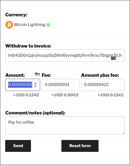 [wallets_lnd_withdraw currency_id="123"] after user pastes or scans an LNURL. The remaining fields are filled in automatically.
