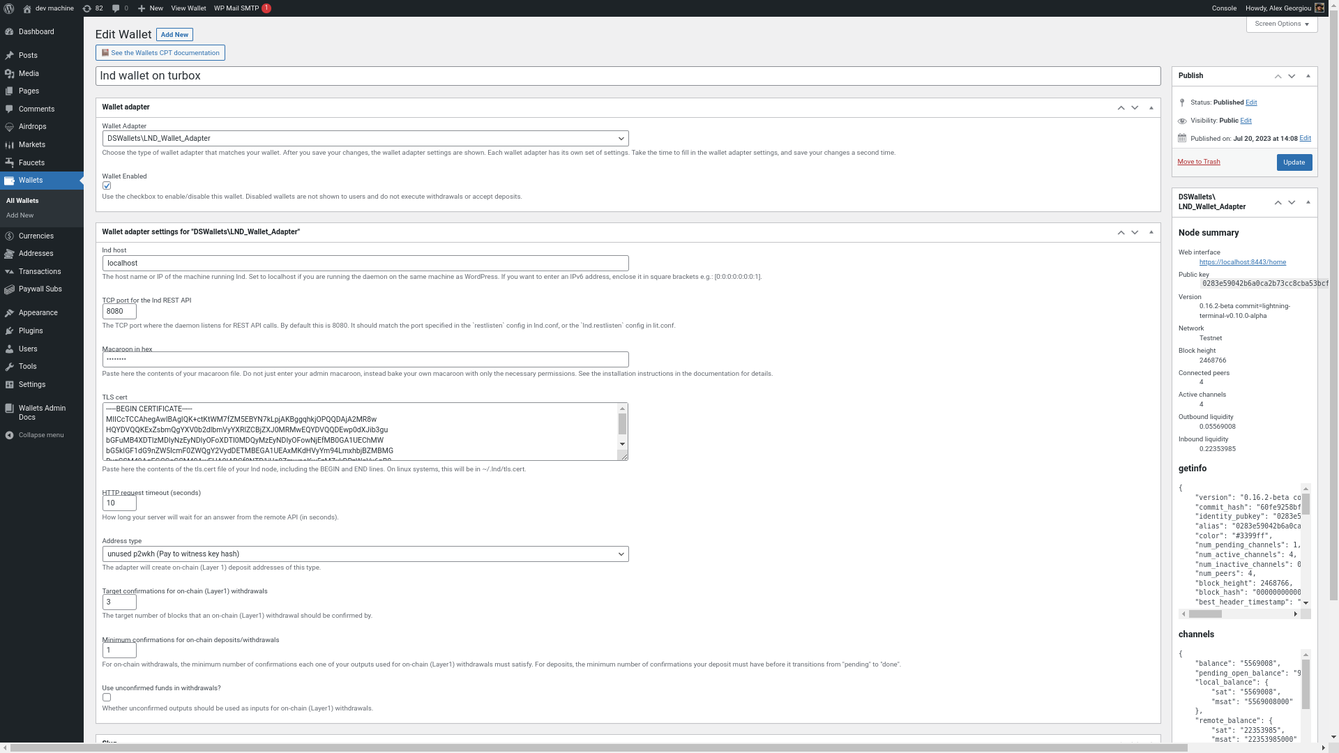 Configuring the lnd wallet adapter from the admin screens.